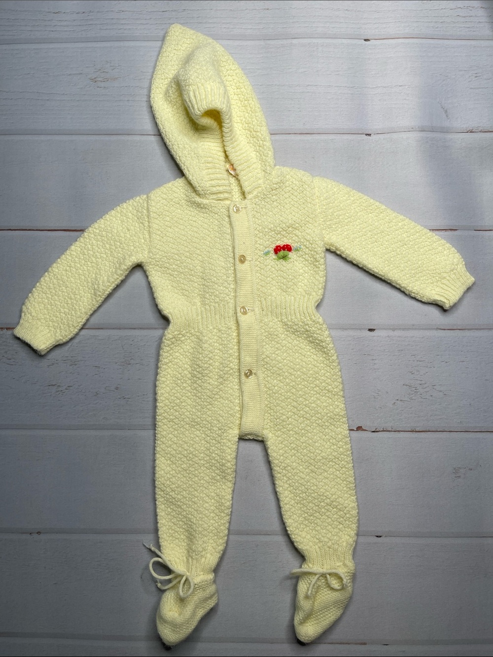 Vintage Renzo Baby Sweater Romper Yellow Red Mushroom Hood Button Front 0 3 M